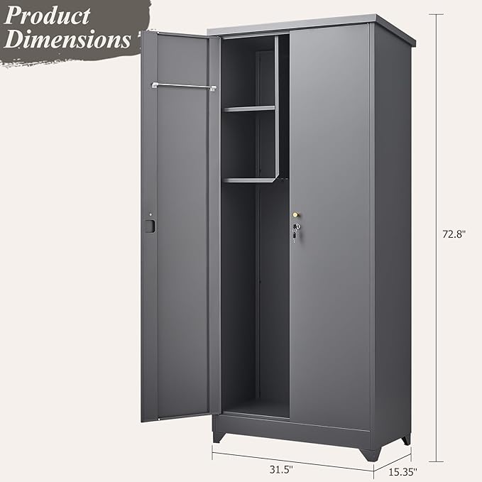 GREATMEET 72.8" Outdoor Broom Storage Cabinet, Metal Storage Cabinets for Cleaning Supplies with Slanted Roof, Utility Closet, Waterproof Outdoor Shed for Broom Mop, Grey