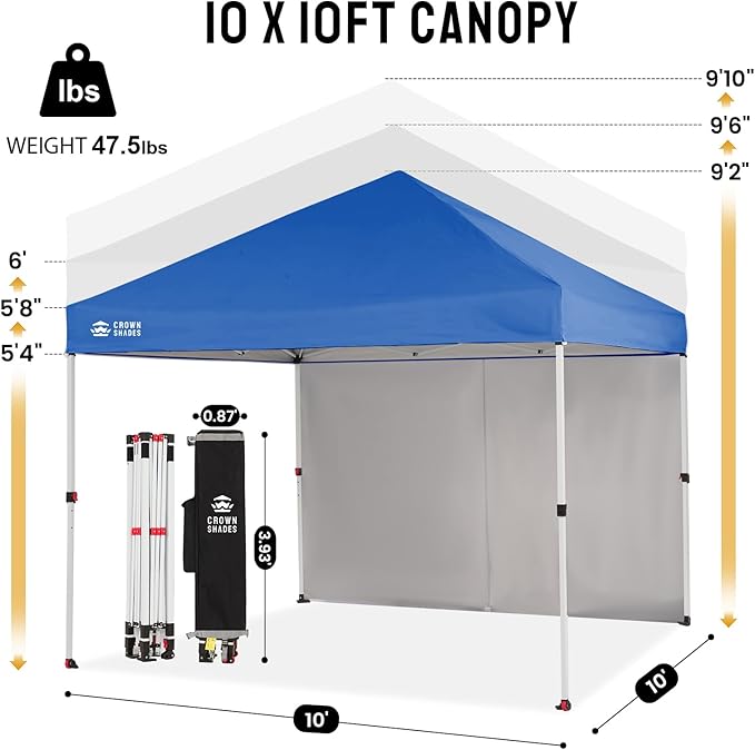 CROWN SHADES 10X10 Comercial Instant Canopy Pop Up Tent with Center Lock, 300D Fabric, 4 Sidewalls, Sto'N Go Bag, Blue