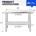 Hally Stainless Steel Table for Prep & Work 24 x 48 Inches, NSF Commercial Heavy Duty Table with Undershelf and Galvanized Legs for Restaurant, Home and Hotel