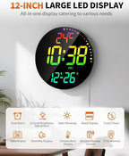 12" Large Digital Wall Mount Clock, Count Down Timer, Alarm, Big LED, 12 RGB Color, Temperature for Living Room Classroom Desk, Xmas, Birthday Gift for Senior Mom Dad (Round)
