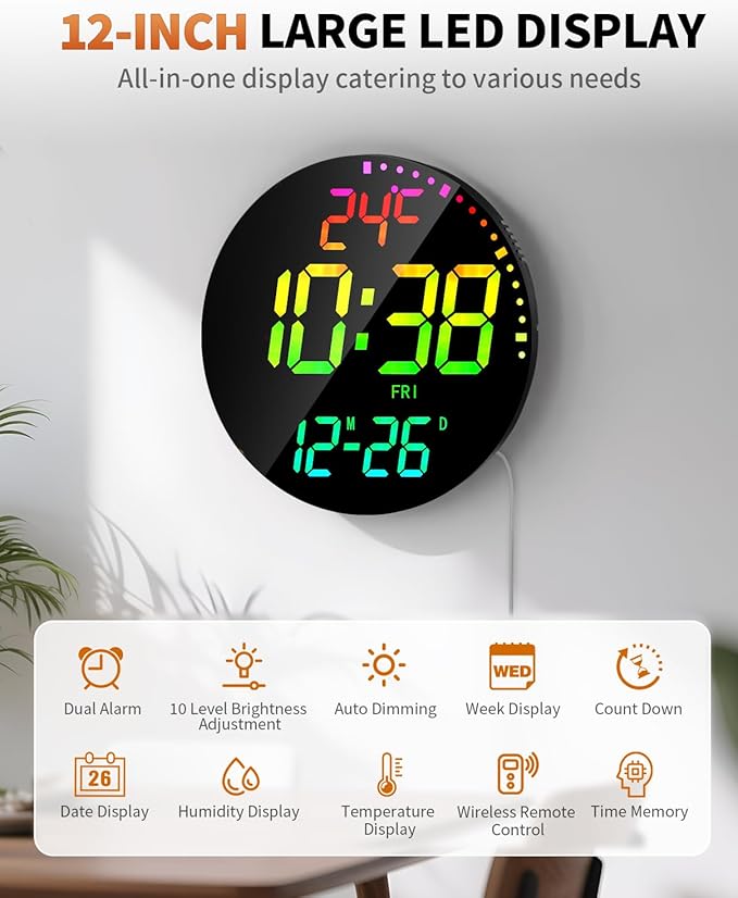 12" Large Digital Wall Mount Clock, Count Down Timer, Alarm, Big LED, 12 RGB Color, Temperature for Living Room Classroom Desk, Xmas, Birthday Gift for Senior Mom Dad (Round)