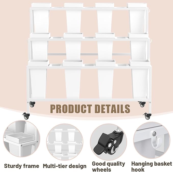 Flower Display Stand with 12 Buckets & Wheels – 3-Tier Mobile Flower Cart, White Metal Flower Bar for Weddings, Florist Shops, Patio, Garden & Home