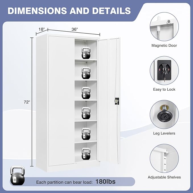 Metal Storage Cabinet with Lock,Lockable Garage Cabinet with 2 Doors and 5 Adjustable Shelves,Tall Steel Cabinets for Garage,Workshop,Gym,School
