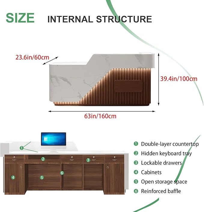 Modern Reception Desk with Counter Front Reception Table with Hidden LED Lighting Commercial Receptionist Desk White and Brown Checkout Counter Fully Assembled and Ready to Use 63inch/160cm