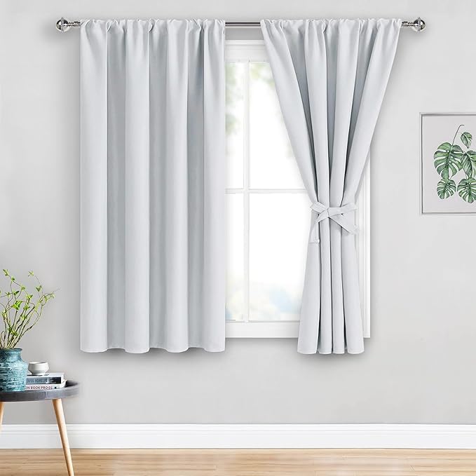 JIUZHEN Curtains for Bedroom - Thermal Insulated Room Darkening Drapes, Rod Pocket Curtains with Tiebacks, Window Panels for Kitchen Dining Room, 38 x 54 inches Long, Greyish White