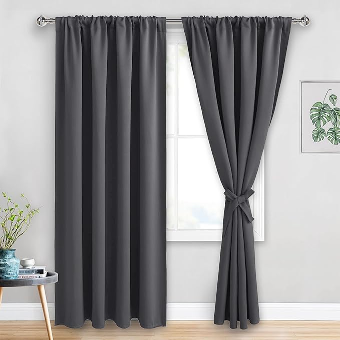 JIUZHEN Blackout Curtains for Bedroom - Thermal Insulated Room Darkening Rod Pocket Curtains for Living Room, Set of 2 Panels with Tiebacks, 52 x 96 Inch Length, Dark Grey