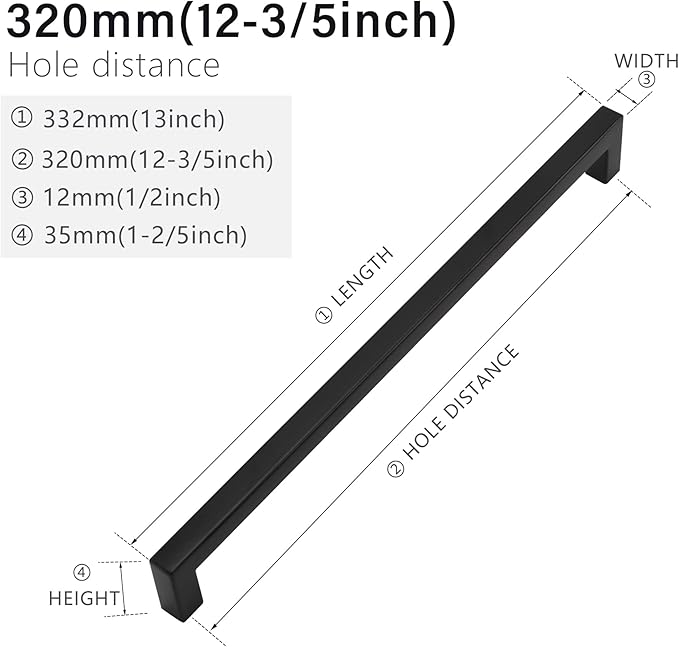 Cabinet Pulls Matte Black Cabinet Handles Square Drawer Pulls, 50 Pack 12-3/5 Inch Stainless Steel Kitchen Door Cupboard Cabinet Handles, Drawer Hardware Handles, 320mm Hole Centers