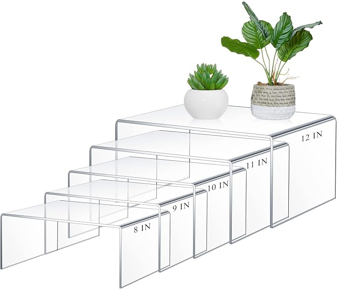 5 Pcs Extra Large 12,11,10,9,8 Inch Acrylic Display Risers Clear Acrylic Shelf Riser Display Stands 5 mm Thick Rectangular for Collectibles Figures