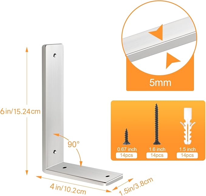 Floating Shelf Bracket Stainless Steel 6 Inch, 8 Pack Heavy Duty Shelf Brackets, Wall Shelf Bracket for DIY Decorative with Mounting Hardware