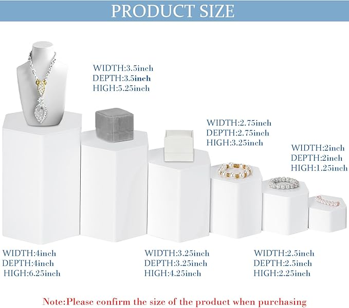 Jetec Hexagonal Jewelry Display Risers Hexagonal Market Display Risers Stands Acrylic Showcase Acrylic Stand for Jewelry Model Figures Decoration, 6 Sizes(White,6 Pieces)