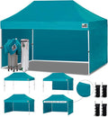 Eurmax USA 10'x15' Pop-up Canopy Tent Commercial Instant Canopies with 4 Removable Zipper End Side Walls and Roller Bag, Bonus 4 SandBags(Turquoise)