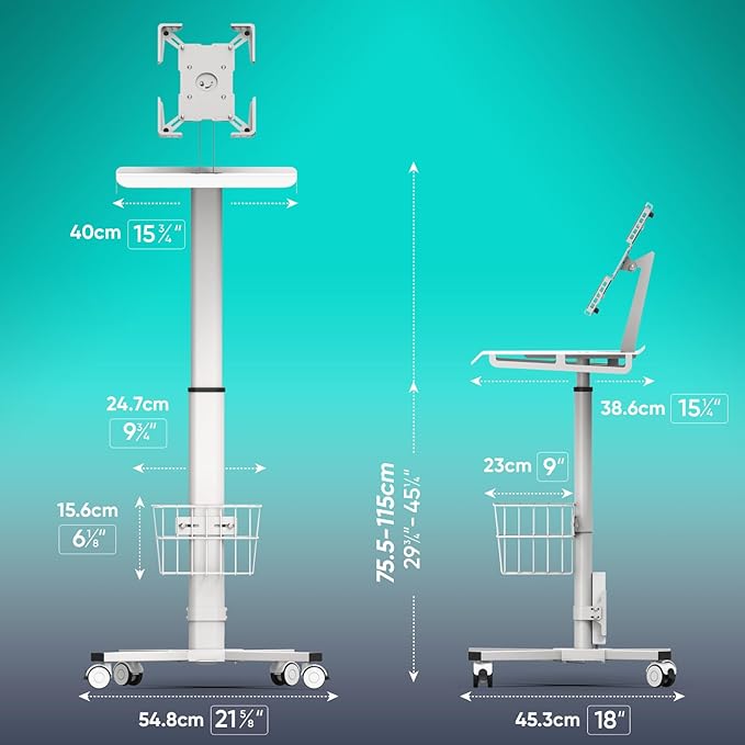 Adjustable Rolling Medical Cart: Pneumatic Mobile Workstation with iPad Enclosure for 9.7-13" iPad and Tablet - Ideal for Hospital Dental Clinic Office