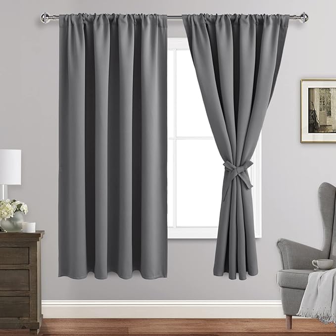 JIUZHEN Blackout Curtains for Bedroom - Thermal Insulated Room Darkening Noise Reducing, 60 x 63 Inch Length Curtains for Living Room, Set of 2 Panels with Tiebacks, Light Grey
