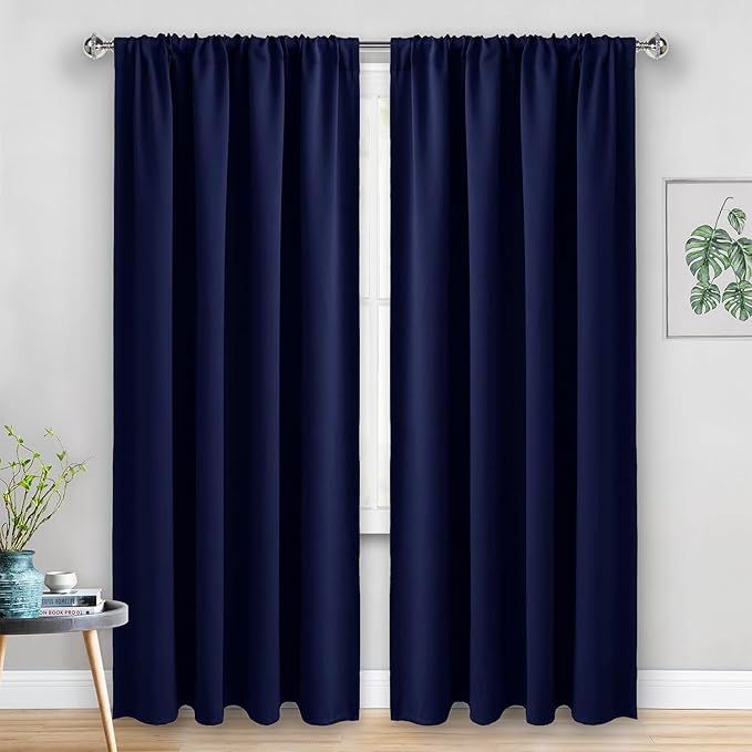 JIUZHEN Blackout Curtains for Bedroom - Thermal Insulated Room Darkening Noise Reducing, 52 x 84 Inch Length Curtains for Living Room, Set of 2 Panels with Tiebacks, Navy Blue