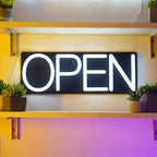 HiNeon White Neon Open Sign 20inx7in LED Light w/Remote Controller, Electric Light Up Open Sign for Business Store, w/Hanging Chain for Shop Windows, Direct Plug-In w/ 12V Power Adapter