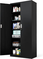 VINGLI Metal Garage Storage Cabinet with 2 Doors and 5 Adjustable Shelves, 71" Tall Steel Lockable File Cabinet, Locking Tool Cabinets for Home Office Garage Gym School (Black)