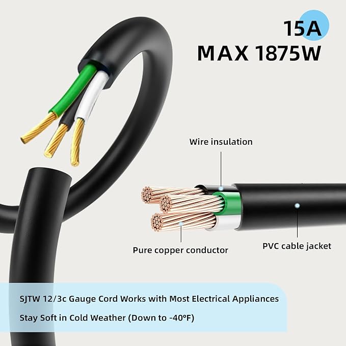 EP 100 Ft Outdoor Extension Cord - 12/3 SJTW Heavy Duty Black Extension Cable with 3 Prong Grounded Plug - Power Cord for Lawn, Garden, Appliances