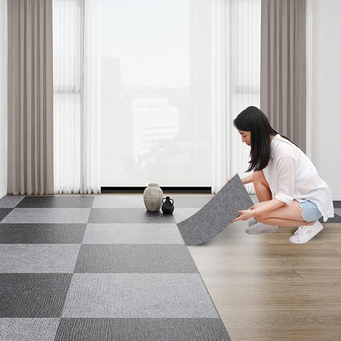 Carpet Tile 24” X 24” Self Adhesive Carpet Floor Tiles Anti-Slip Reusable Carpet Squares Peel and Stick Carpet Floor Tile Easy Install DIY for Bedroom Living Room (11, Light Gray)