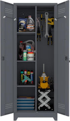 LUCYPAL 65" H Metal Garage Storage Cabinet with Shelves and Lock,Broom Closet Storage Cabinet with Hanging Rods for Mops,Garage Tool Cabinets for Utility Room,Laundry Room,Grey