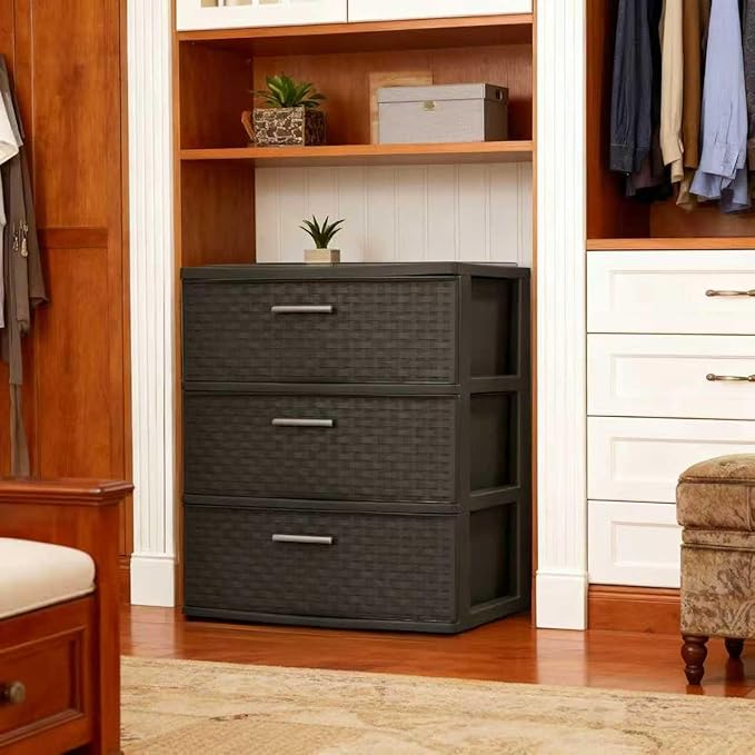 3 drawer wide woven storage cabinet, coffee colored