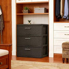 3 drawer wide woven storage cabinet, coffee colored