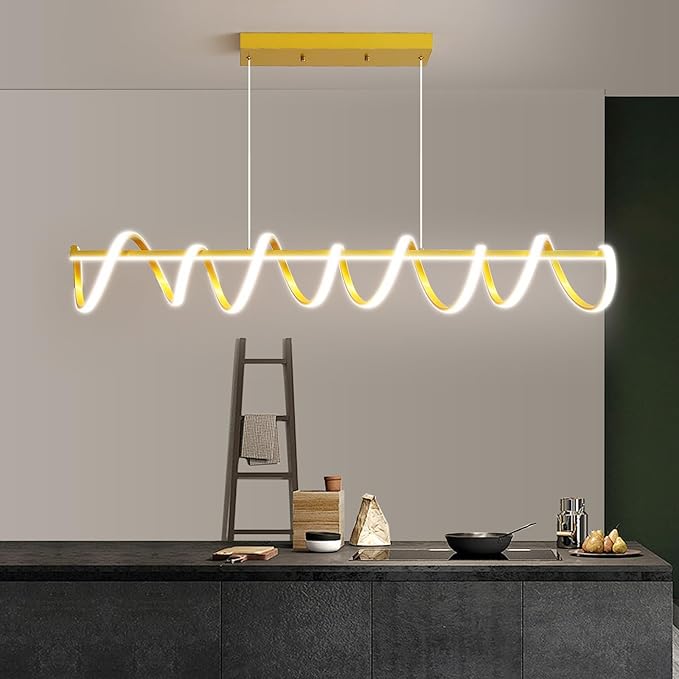 Modern Design Dimmable Desk Linear Pendant Light, with Remote Control Dimmable 3 Color Mode & Brightness Ceiling Lamp, Anti-Flicker Dining Light Fixture for Kitchen（47IN，Gold）