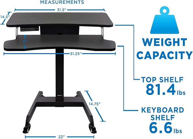 Mount-It! Electric Mobile Height Adjustable Standing Workstation with Wheels | Rolling Sit Stand Workstation with Programmable Height Adjustment Controller | 31.5 x 14.5 in Tabletop