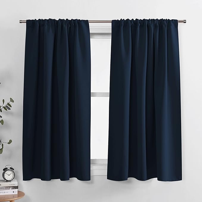 PONY DANCE Short Black Out Curtains 48 inch Long for Small Window, Rod Pocket Privacy Bathroom Draperies,Thermal Insulated Lighting Blocking Drapes for RV(2 Panels Set, Navy Blue, W42 x L48 inches)