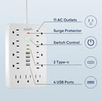20 FT Flat Plug Surge Protector Power Strip,11 Multiple AC Outlets with 6 USB Ports (2 USB C), 20 Feet Extension Cord, 1250W/10A, One Touch Switch Button, White