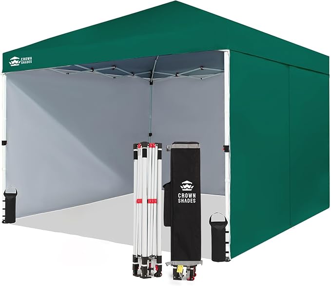 CROWN SHADES 10X10 Comercial Instant Canopy Pop Up Tent with Center Lock, 300D Fabric, 4 Sidewalls, Sto'N Go Bag, Forest Green