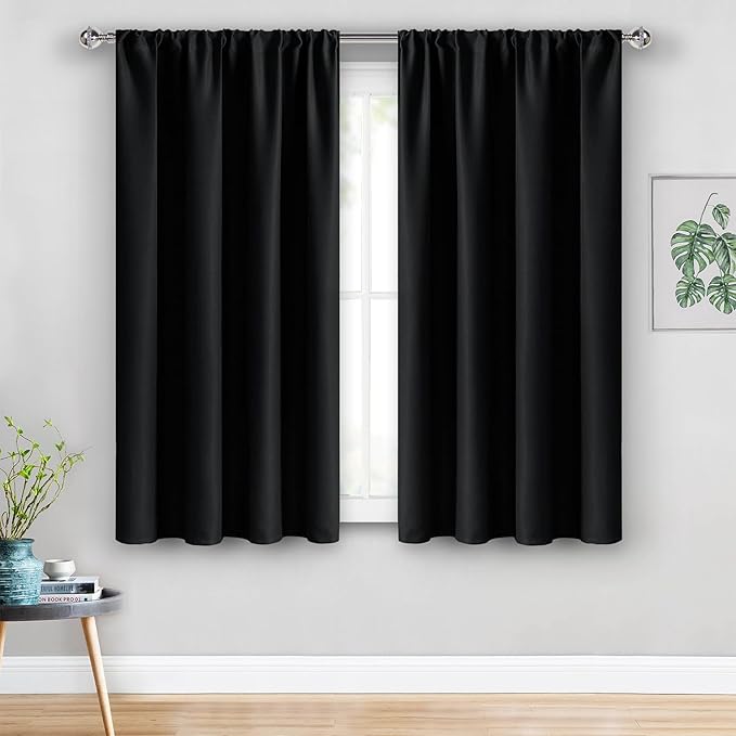 JIUZHEN Blackout Curtains for Bedroom– Thermal Insulated,Noise Reducing Room Darkening Privacy Rod Pocket Drapes for Living Room, Set of 2 Panels with Tiebacks, 42 x 54 inch Long, Black
