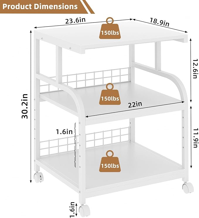 Lerliuo Large Printer Stand with Storage, 23.6"W x 18.9"D x 30.2"H, 5-Adjustable Shelf Heights Mobile 3 Tier Table with Lockable Wheels, Industrial Rolling Printer Cart, White Stands for Home Office