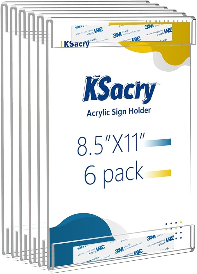 KSacry 6 Pcs Acrylic Sign Holder 8.5 x 11, Vertical Wall Mount Sign Holders with 3M Adhesive, Clear Plastic Frames Paper Display Sign Holders for Office, Home, Store, Restaurant - No Drilling