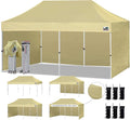 Eurmax USA 10'x20' Pop-up Canopy Tent Commercial Instant Canopies with 4 Removable Zipper End Side Walls and Roller Bag, Bonus 6 SandBags(Beige)