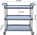 3-Tier Heavy Duty Utility Cart with Wheels, 43" Lx 21" W x 38" H, Durable Rolling Cart for Restaurant, Office, Kitchen, and Warehouse Use, Lockable 360° Swivel Casters Service Cart, Grey