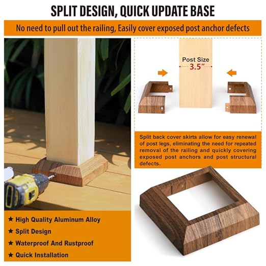 12 pcs 4"x4" (Actual: 3.5"x3.5") Aluminum Deck Post Base Cover, for Deck railings, Stairs, Patios, Porches Split Deck Post Skirt (Walnut Wood)