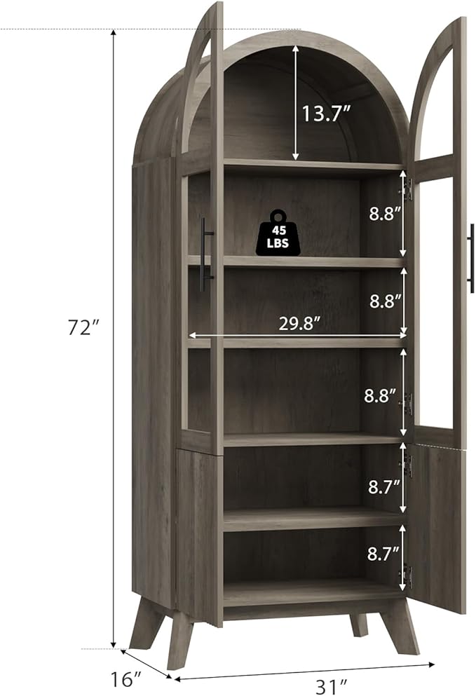 71" Modern Fluted Display Cabinet with Glass Door, Arched Curio Cabinet with Adjustable Shelf, Bookcase for Collectibles Books, Storage Cabinet for Living Room, Dining Room, Grey