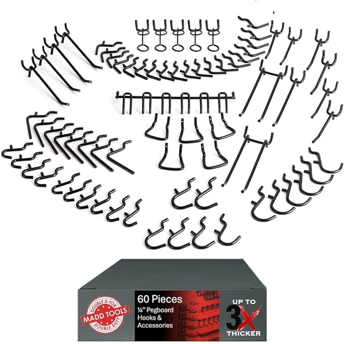Pegboard Hooks Set for Hanging Tools, Set of 60 Pieces 1/4'' Black Peg Board Accessories Peg Hooks,Pegboard Attachments for Garage Tools Organization