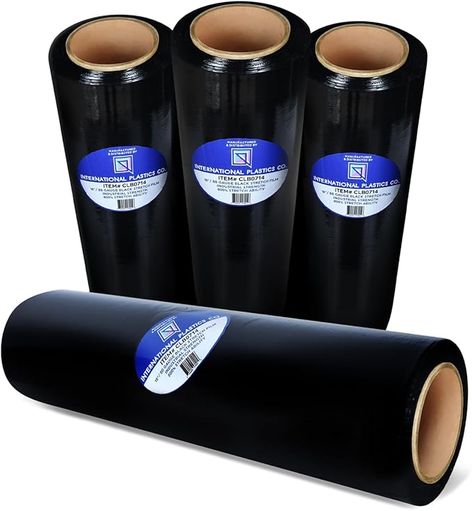 International Plastics Co. Black 18" Stretch Film/Wrap 1500 feet 7 Layers 80 Gauge Industrial Strength 800% Stretch 20 Microns Durable Adhering Packing Moving Heavy Duty Shrink Film (4 Pack, Black)