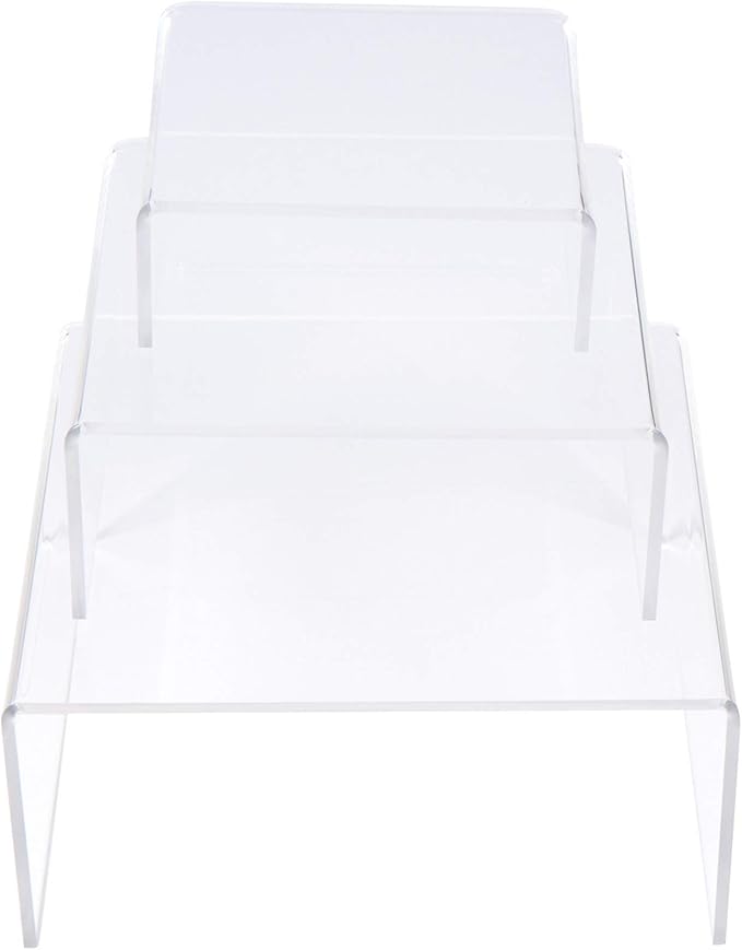 SimbaLux Acrylic Display Risers Clear Stand Set of 3 Small Low Profile Tiered for Showcasing Food, Cupcake, Dessert, Candy, Jewelry, Figurines, Photos, Retail & Home Decoration, Durable & Steady