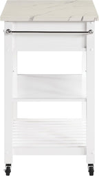 OSP Home Furnishings Litchfield Modern Farmhouse Kitchen Cart, Solid Wood Frame with Storage Drawers, Shelves, Locking Casters, White with Faux Marble Top