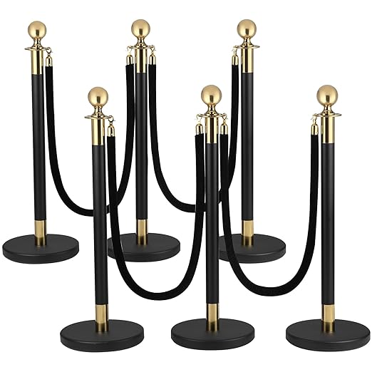 6Pack Stanchions and Velvet Ropes, 5 ft Black Velvet Rope and Poles Set, Black-Gold Stainless Steel Stanchion Posts Crowd Control Barriers for Red Carpet Runner Party Supplies