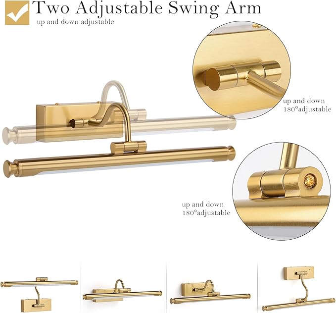 Wireless 15.7in Gold Brass Picture Light – Rechargeable LED Wall Art Lamp with Remote Control, Timer, Adjustable Arm, 3 Color Temperatures & Stepless Dimming, for Living Room and Gallery Lighting