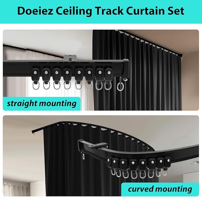 Room Divider Blackout Curtains Flexible Sliding Tracks Sets Ceiling Mounted Rod Window Curtain Privacy Separation for Bedroom Living Rooms,1 Panel Black Drape and Black Track Set-W72xH72 in
