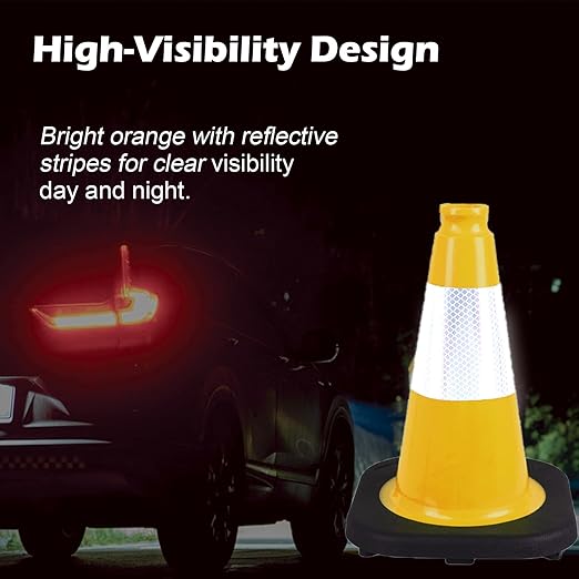 6 Pack 12 Inch Yellow Reflective Traffic Cones, Black Base Safety Markers for Warehouse Aisles, Driveways and Indoor Safety Training (6, Yellow, 12 Inch)