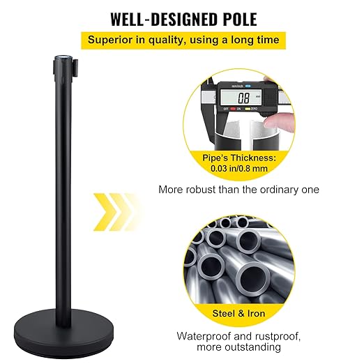 VEVOR Crowd Control Stanchion Set, Stanchion Set with 6.6 ft/2 m Black Retractable Belt, Black Crowd Control Barrier w/Concrete and Metal Base - Easy Connect Assembly (4)