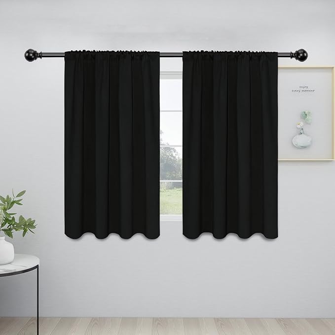 Easy-Going Rod Pocket Blackout Curtains for Bedroom, Room Darkening Window Curtains for Living Room, Thermal Insulated Noise Reduction Solid Window Drapes, 2 Panels(34x45 in,Black)