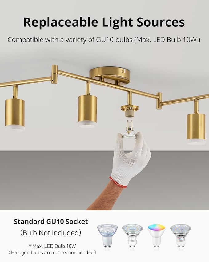 Bojim 6 Light Gold Track Lighting Kit, Modern LED Track Lighting Fixtures Ceiling, Flexibly Rotatable LED Light Head with Acrylic Ring, Kitchen Ceiling Spot Light(GU10 Socket, Bulbs Not Included)