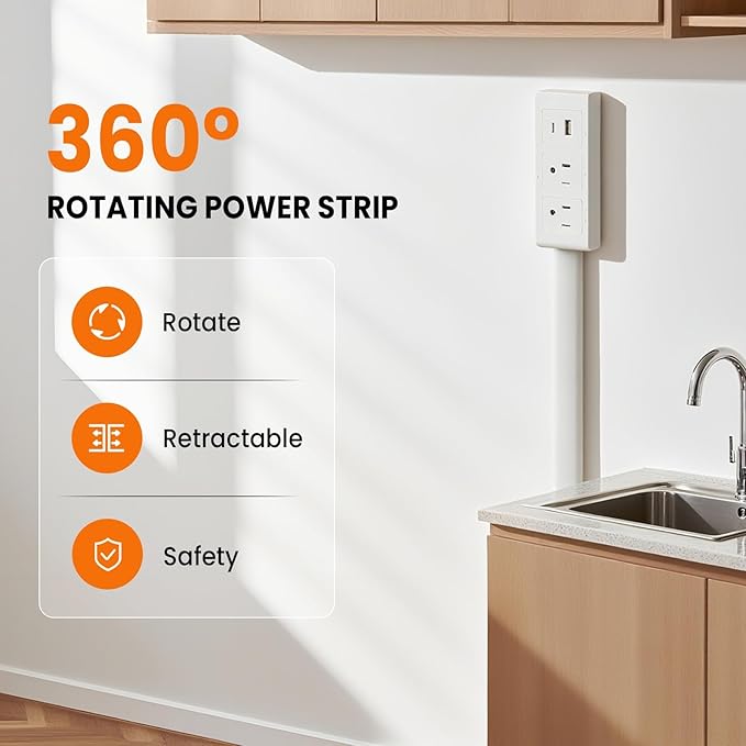 Adjustable Power Extension Pole with USB-C & USB-A Ports, 2 AC Outlets, 22–27 Inch Expandable Length, 180° Rotating Design, Space-Saving Power Strip for Sofa, Desk, and Bedside Use