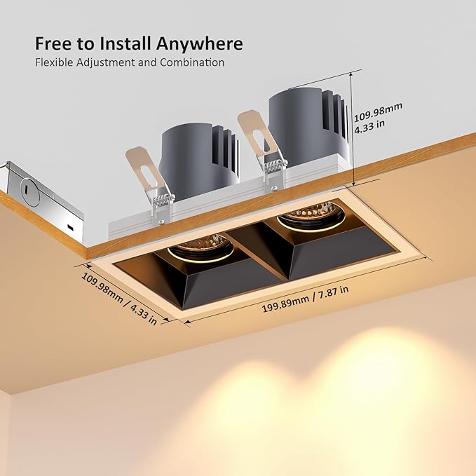 LED Square Recessed Lighting, 24W Adjustable Downlight, Aluminum Recessed Ceiling Light with junction Box, 5 CCT 2700K-6000K, TRIAC Dimming Rotation Spotlight for Living Room Bedroom Hallway Kitchen